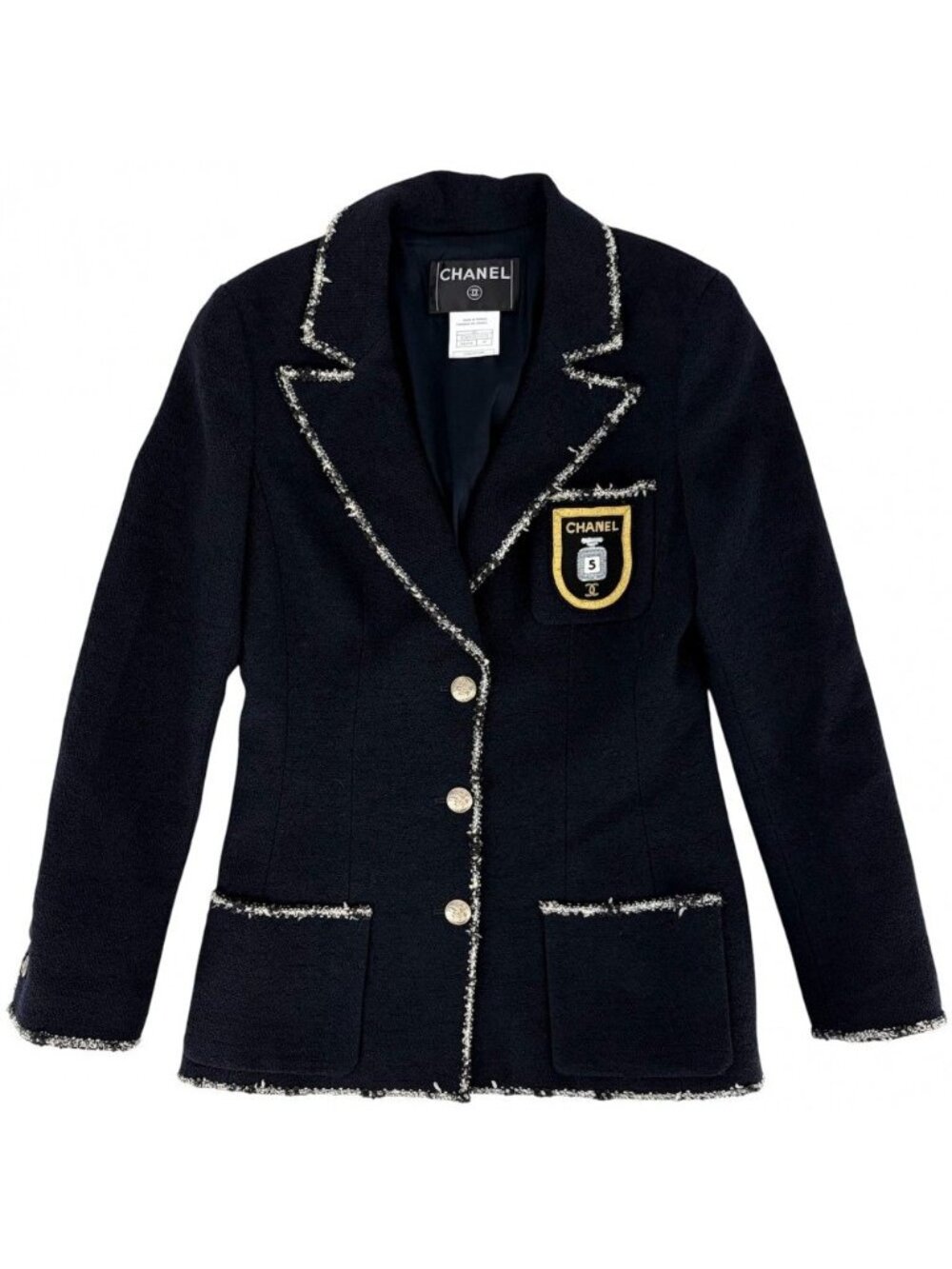 Chanel Tailored Jacket CC Logo Emblem 38 Navy Wool Cotton Spring Autumn